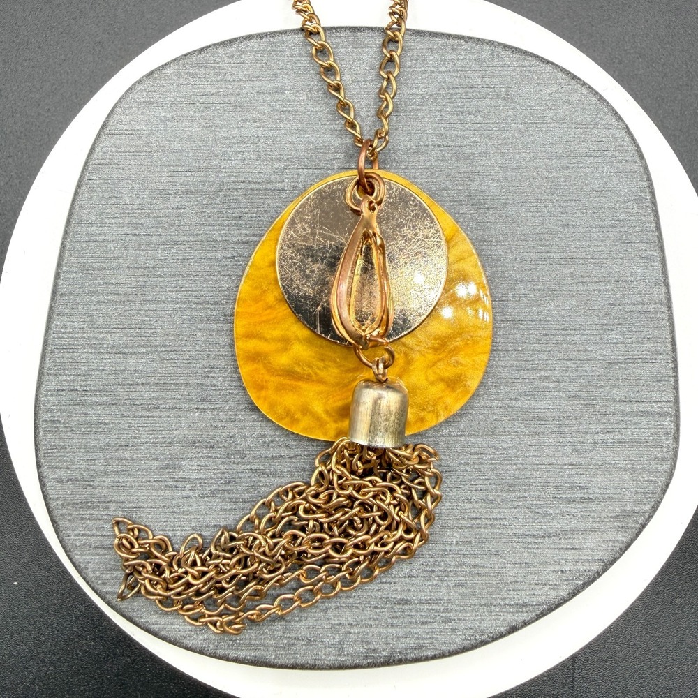 Gold Tone Mustard Lucite Disc Pendant Chain Tassel Necklace Boho Statement Gift